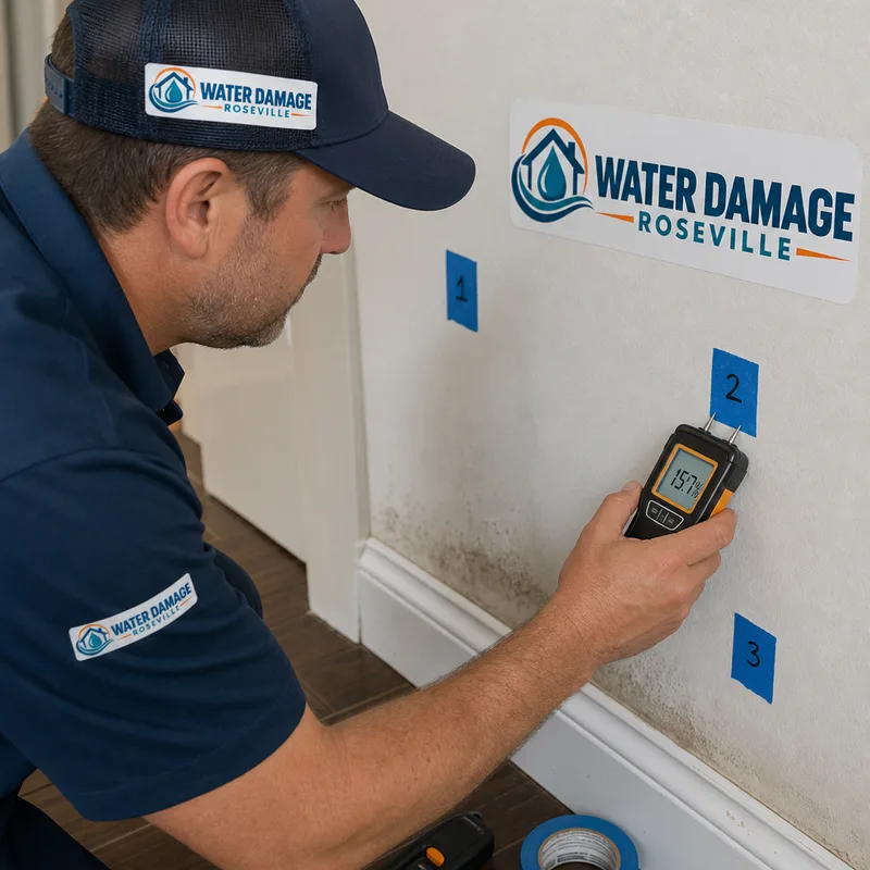 Moisture meter readings and marked moisture map points on residential drywall and baseboard trim