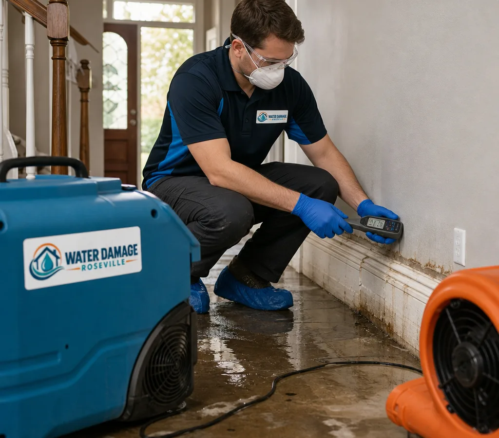 Technician inspecting drywall and baseboards with a moisture meter in a Roseville home