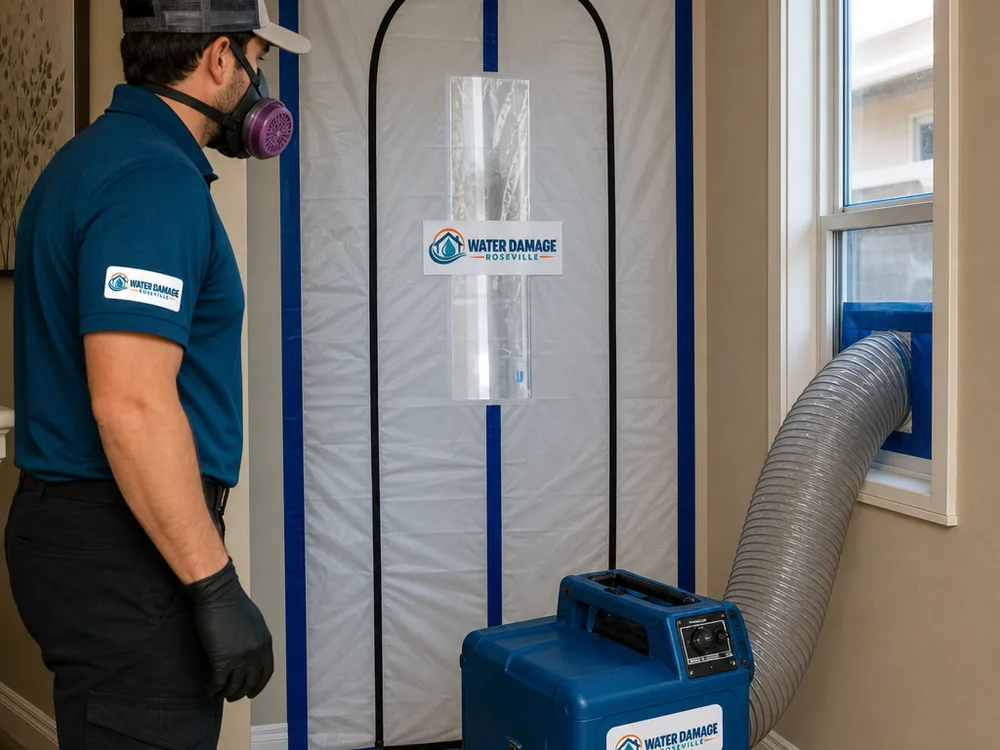 Sealed doorway with zip-wall containment and a negative air machine ducted to a window during mold remediation