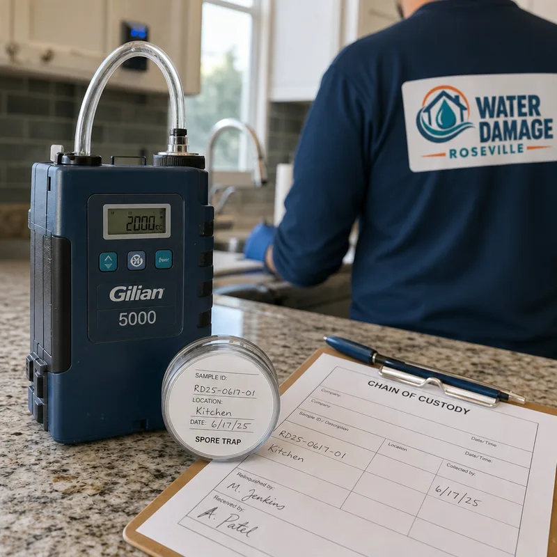 Calibrated air sampling pump with a labeled spore trap cassette and chain-of-custody form